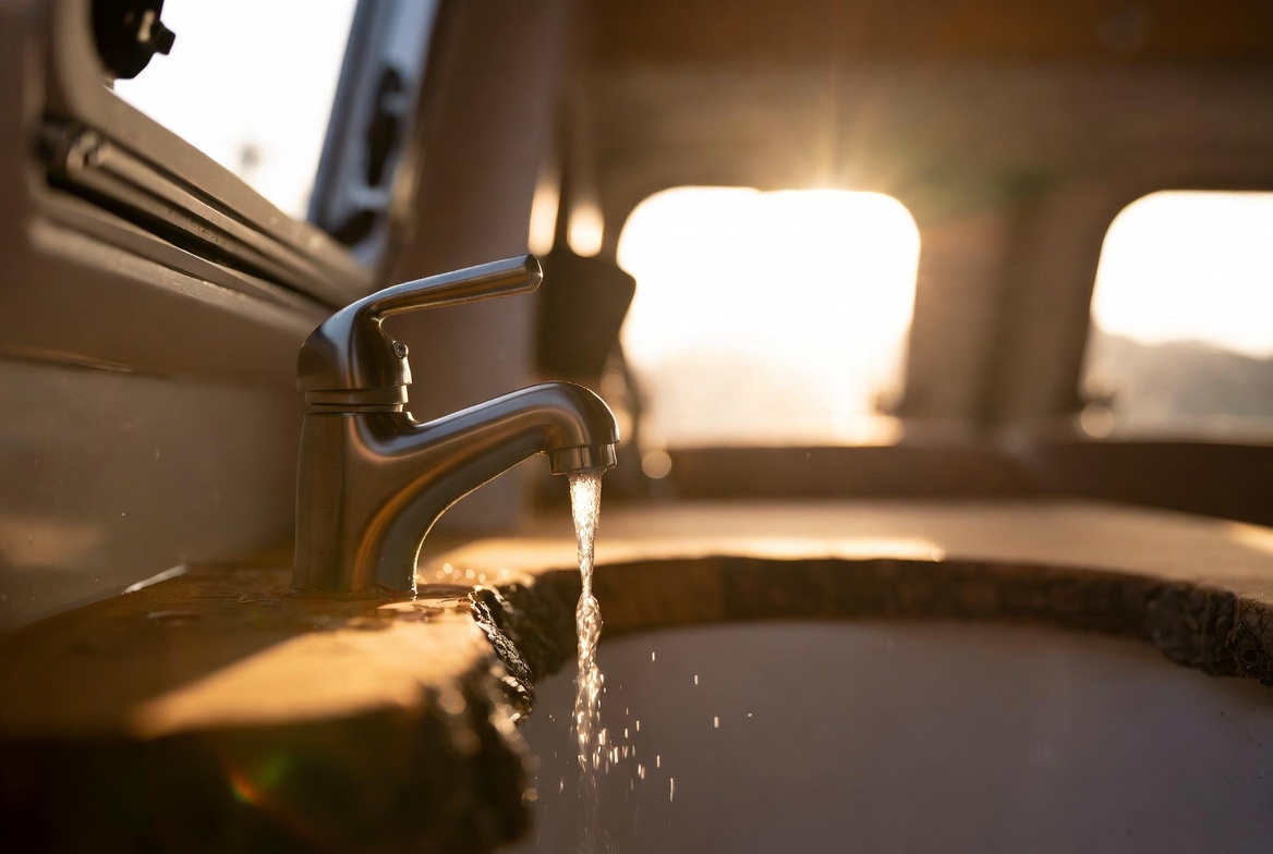 Agua corriendo desde un grifo de acero en el interior de una furgoneta camper al atardecer