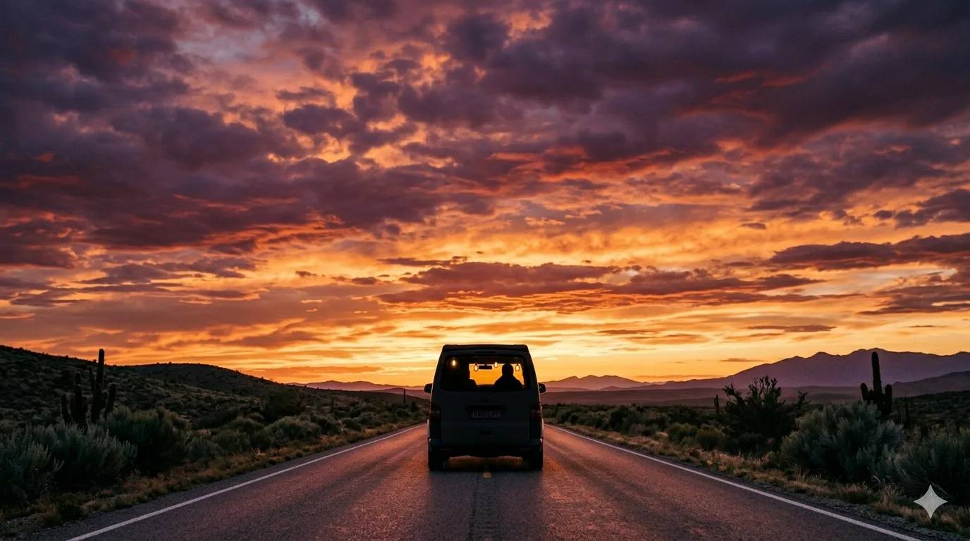 Furgoneta al atardecer en la montaña