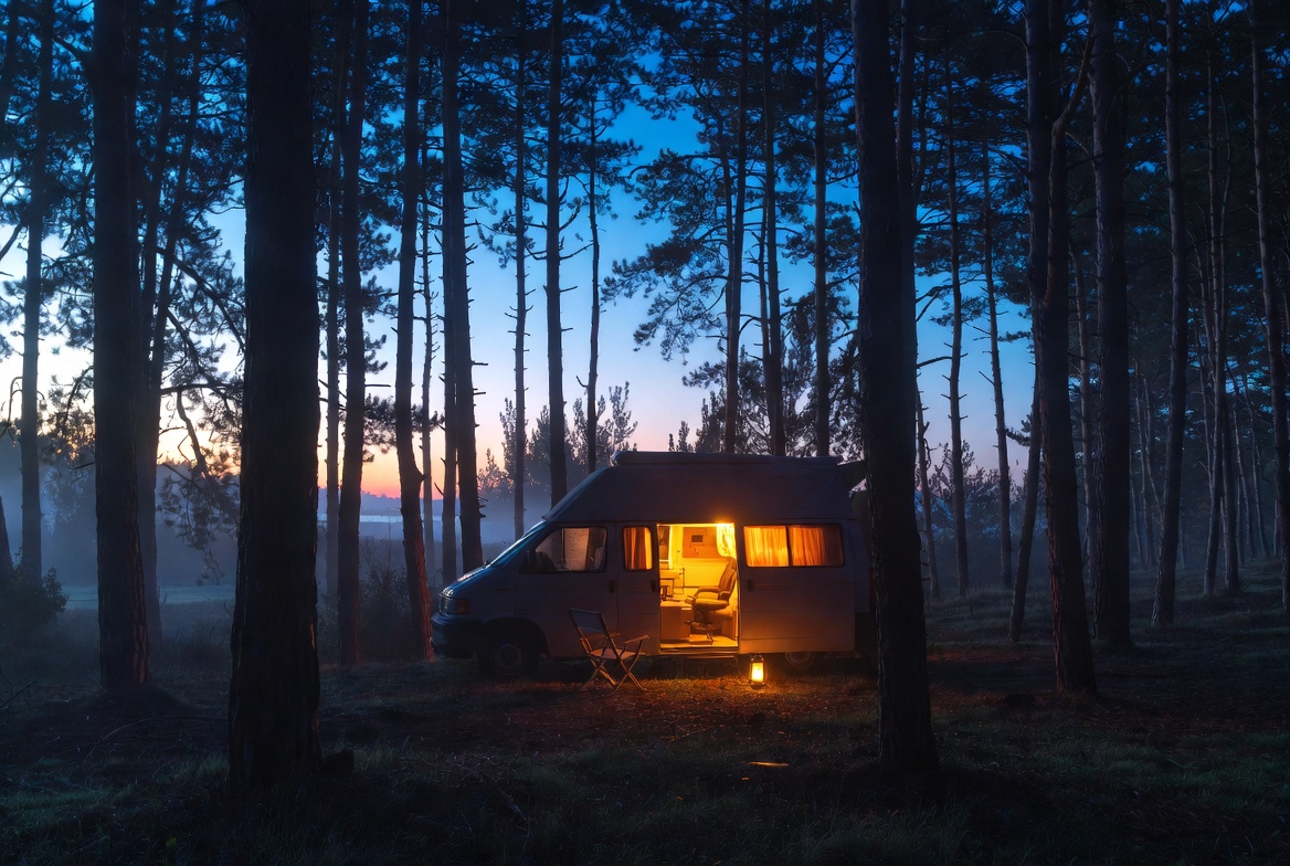 Furgoneta en un bosque de pinos por la noche, interior iluminado, linterna colgada en el exterior
