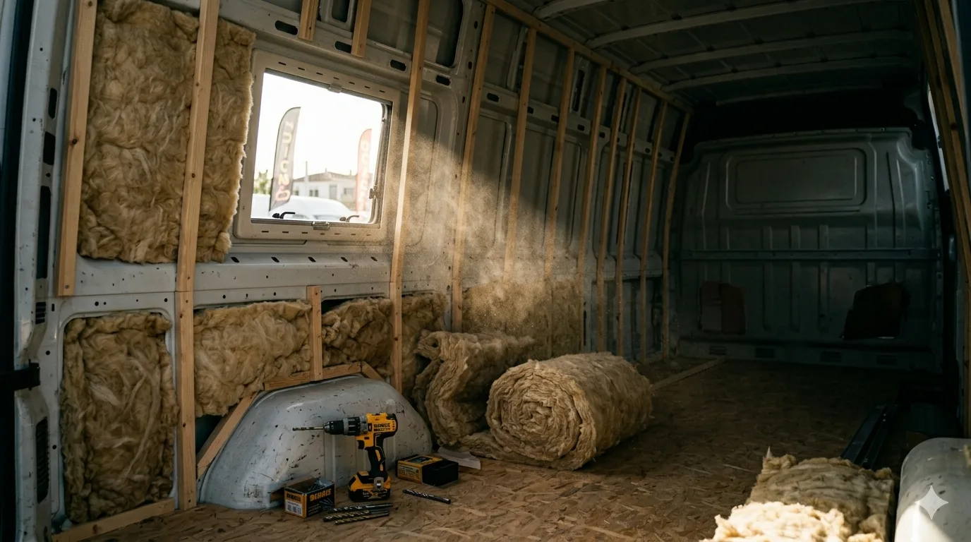 Interior de furgoneta a medio convertir con estructura de madera