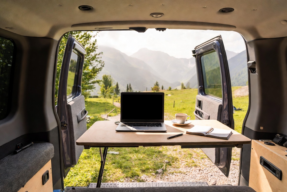 Espacio de trabajo organizado en el interior de una furgoneta con vistas a las montañas