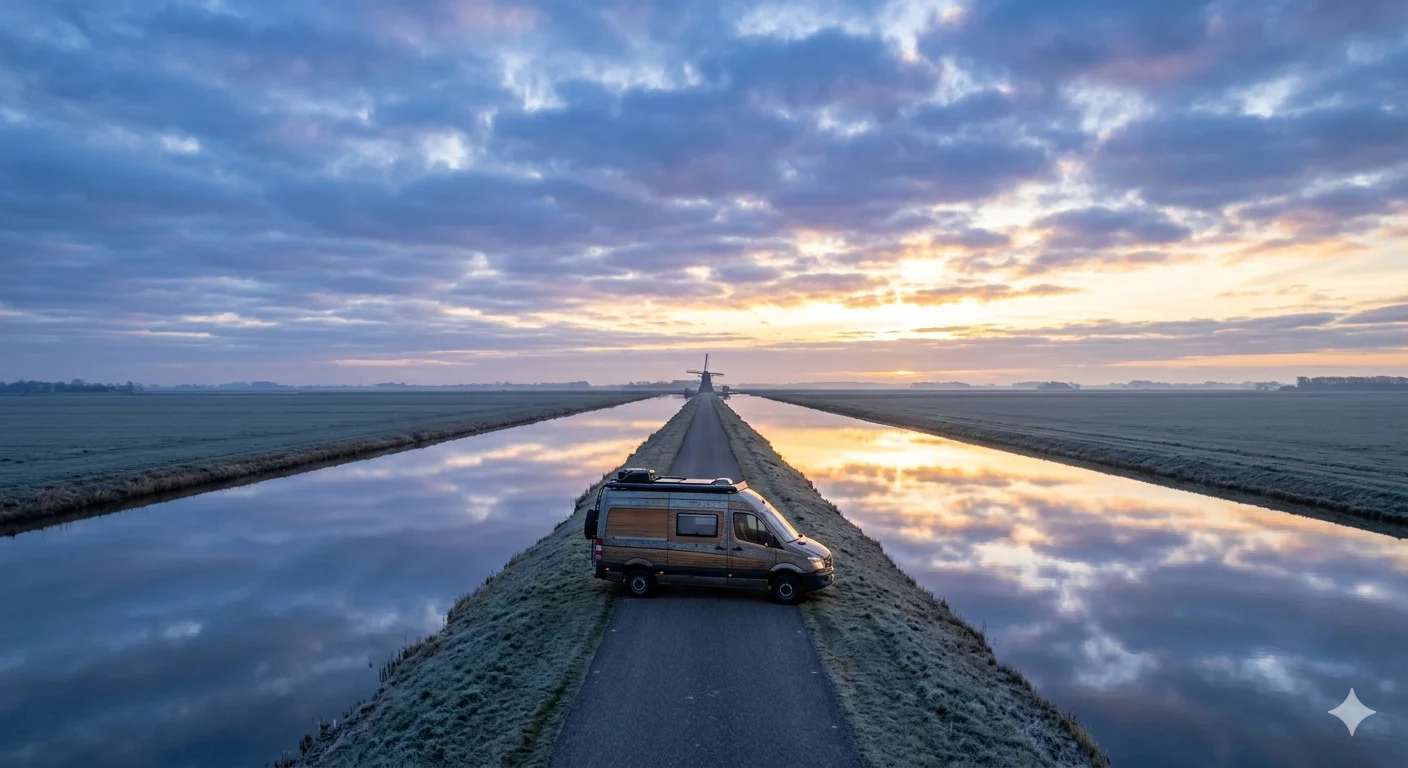 Furgoneta en un dique holandés al amanecer, cielo dramático reflejado en el canal, molino en el horizonte