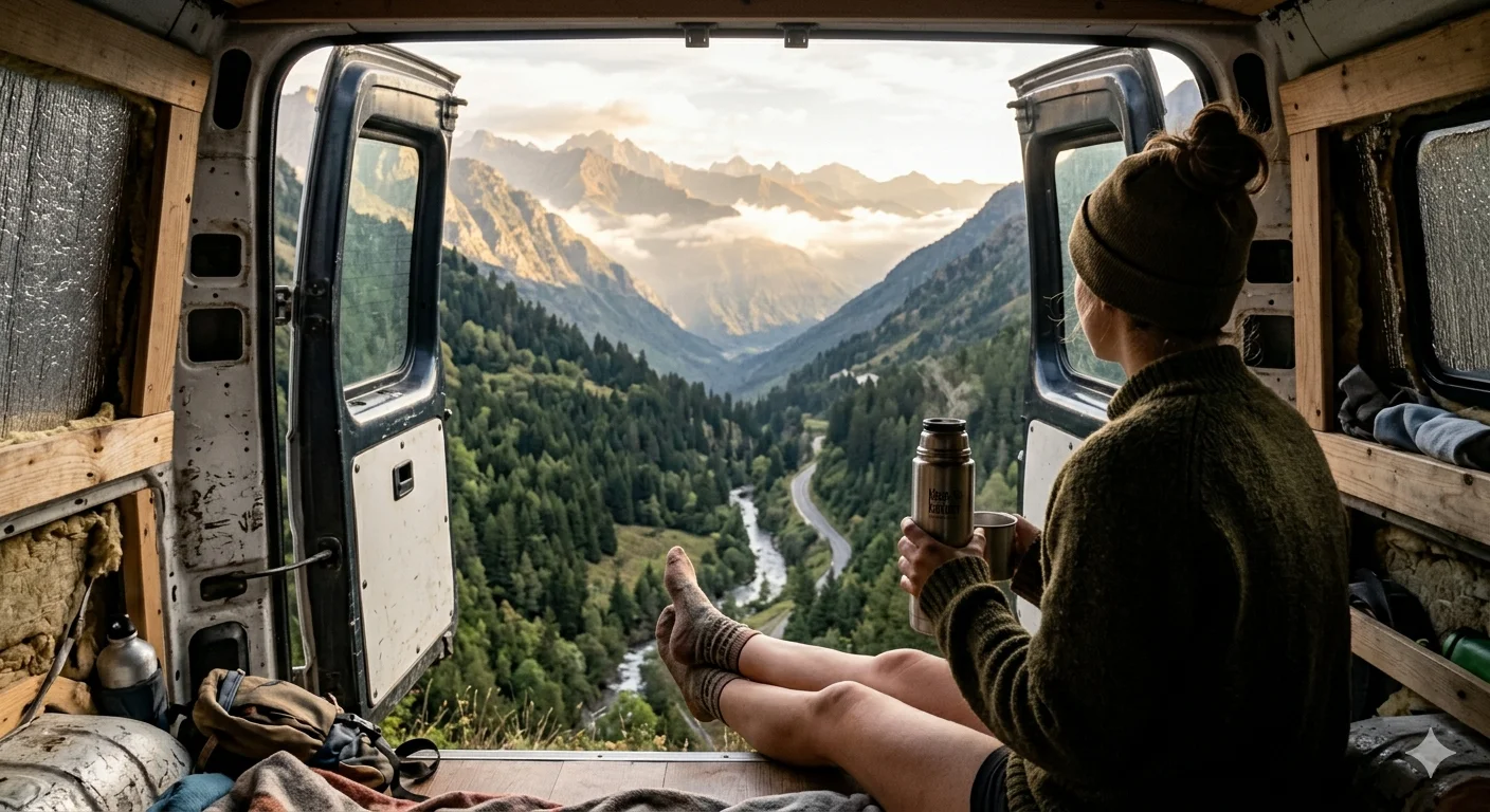 Persona sentada en las puertas traseras de su furgoneta con un termo de café contemplando un valle pirenaico al amanecer