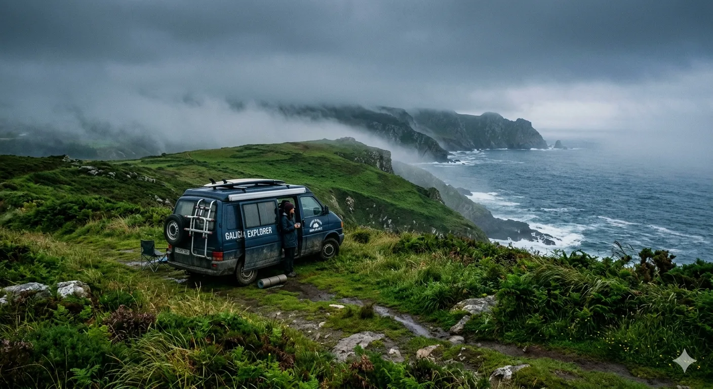 Furgoneta en los acantilados de Galicia con niebla atlántica
